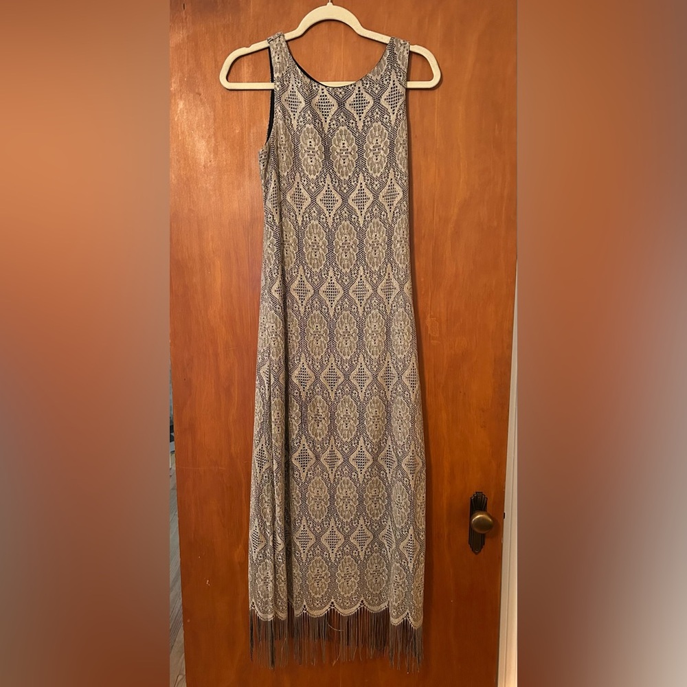Vintage Harlow Dress Gold Lace Maxi Dress with Fringe